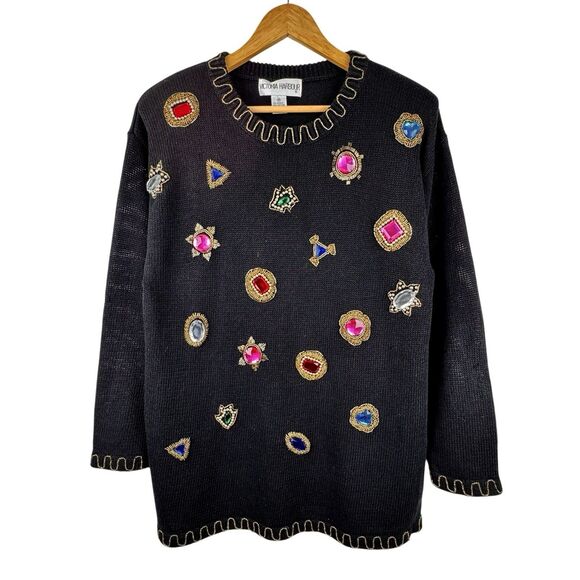 Vintage Sweaters - Vintage 80s Victoria Harbour Jewel Sweater M Black Beaded Glam Granny Ugly